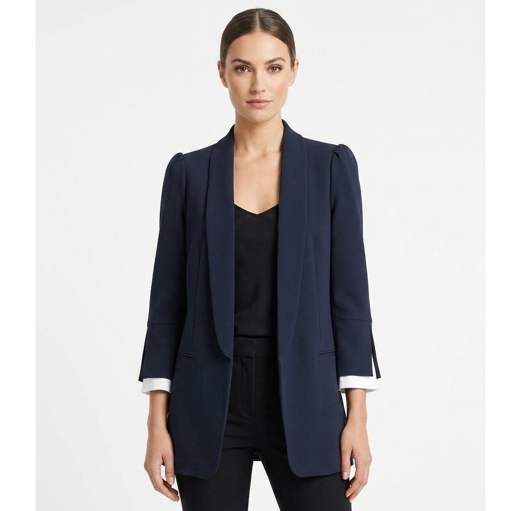 DKNY Nancy Blazer | Navy Blue Open Front Puff Shoulder White Cuffs | Size 8